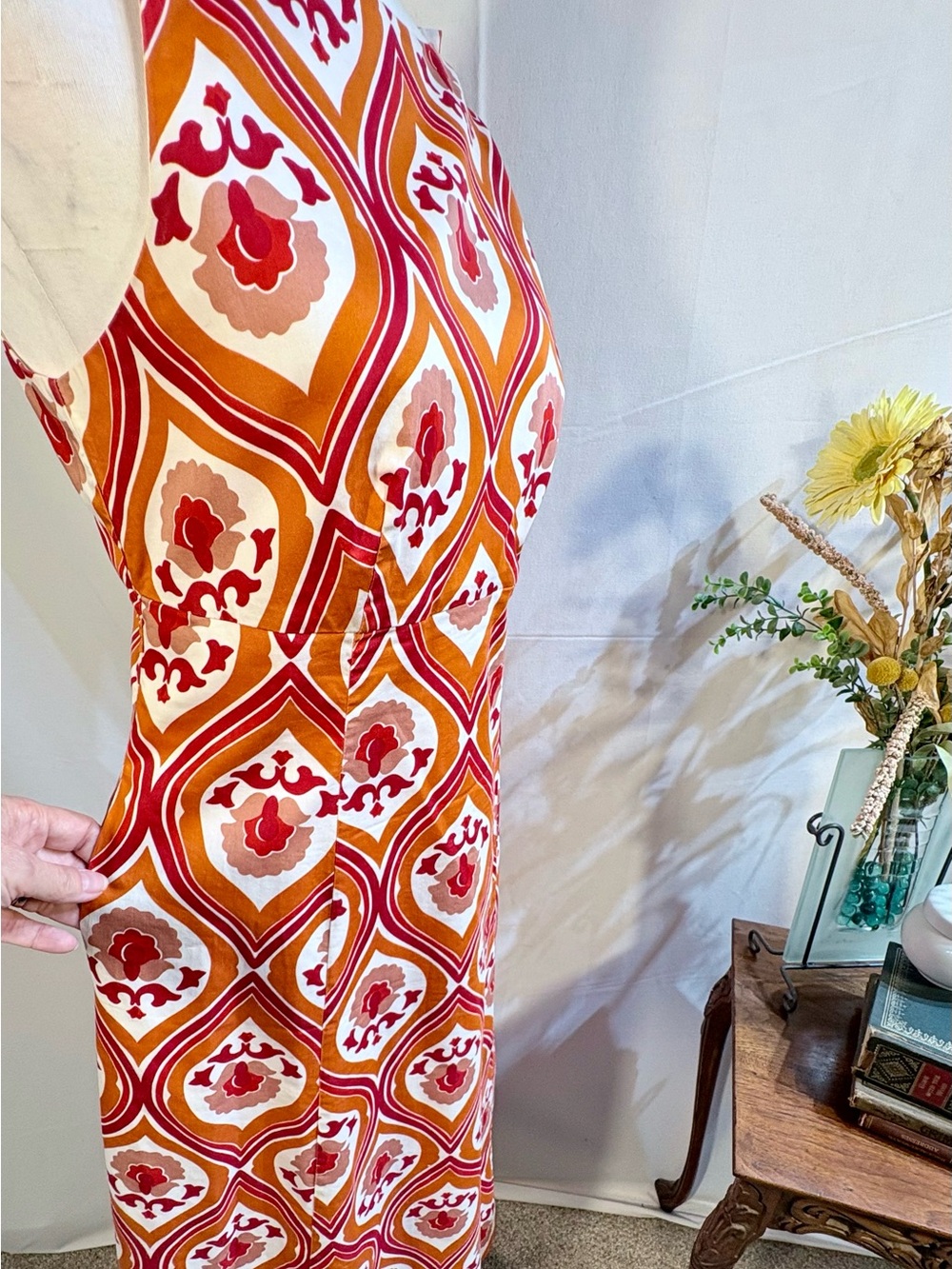 Boden Slash Neck Midi Dress Kumquat, Geo Cascade Pockets Stretch Cotton 8🧡 - Picture 4 of 9